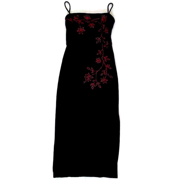 ARIANNA by Rachel Kaye Dresses & Skirts - Black Velvet Evening Cocktail Dress Red Accents Spaghetti Straps Slit Women’s 12